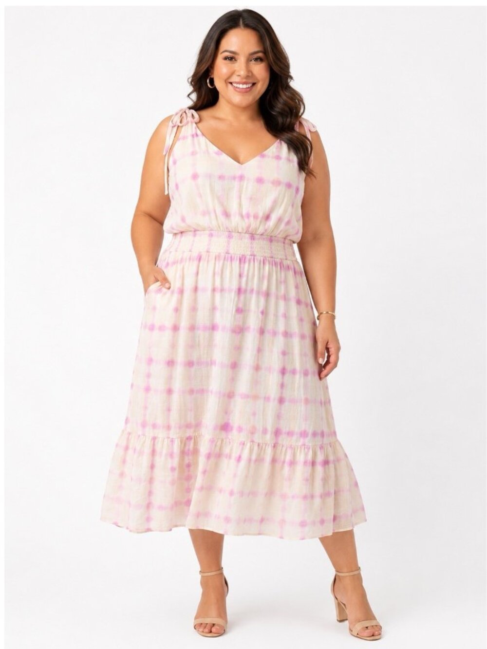 NWT LANE BRYANT Pink Plaid Tiered Smocked Waist Midi Maxi Sundress Size 28